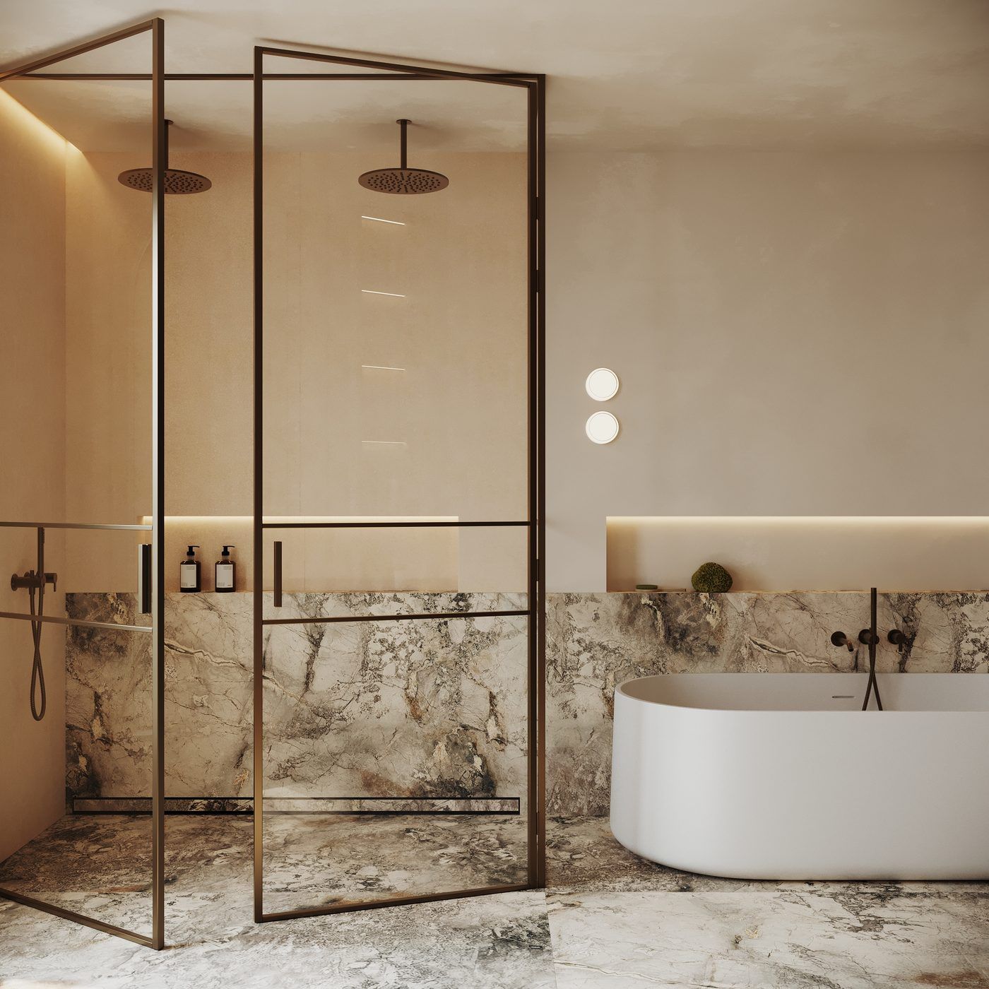 Spa-like bathroom with freestanding bath, marble surfaces, crittall-style shower screen and warm lighting