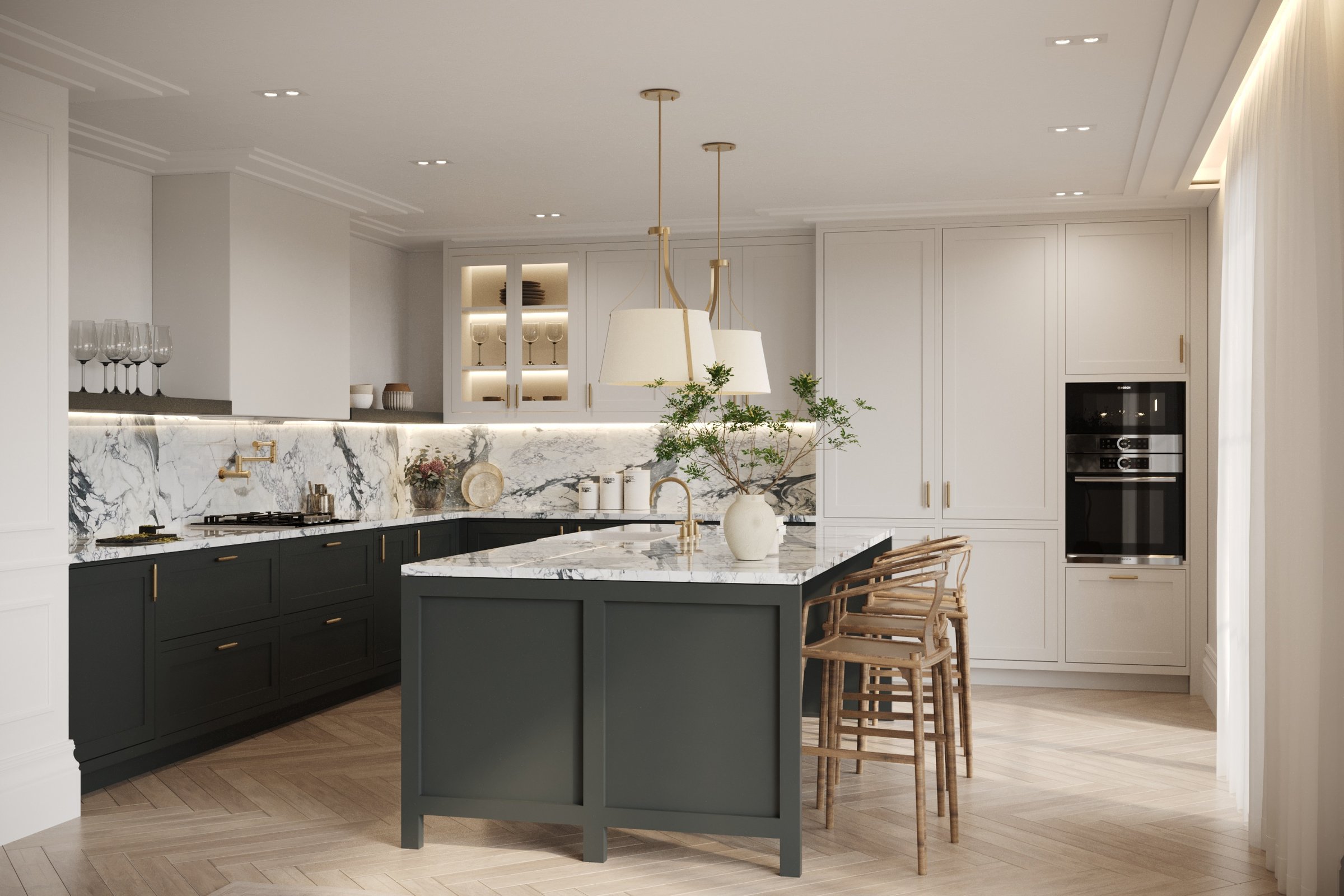 Alfold Gardens CGI — kitchen with dark green island, marble backsplash and gold hardware — interior design by Ademchic