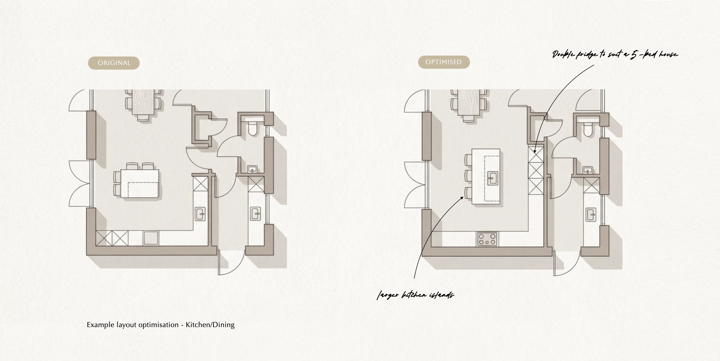 Alfold Gardens ground floor plan before and after spatial redesign by Ademchic