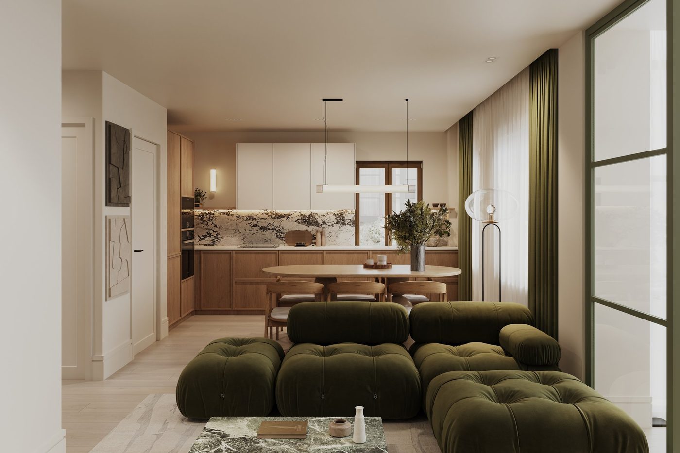 Angel Village open-plan kitchen with warm wood cabinetry and marble splashback