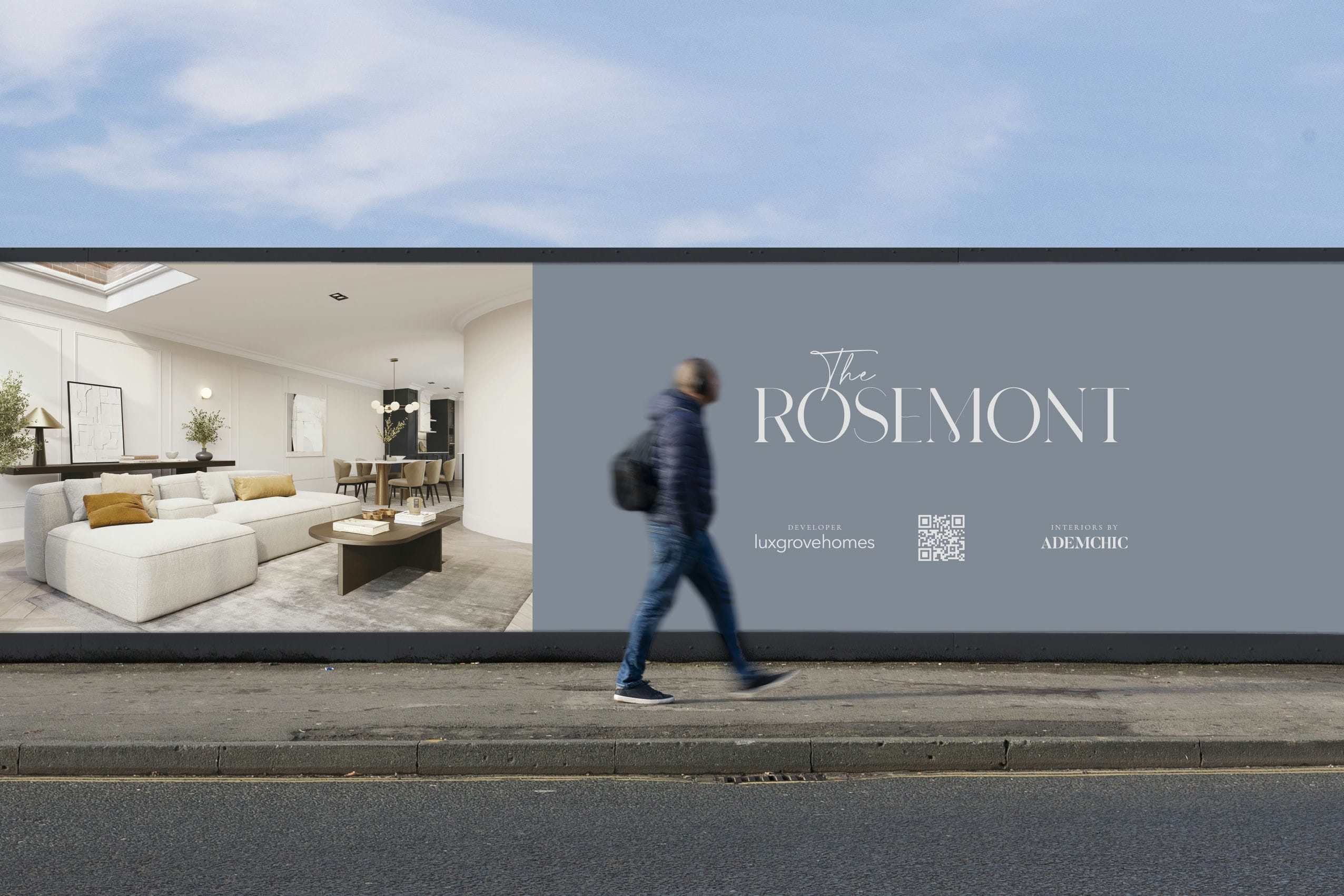 The Rosemont marketing hoarding installed on site showing interior CGI and branding &mdash; by Ademchic