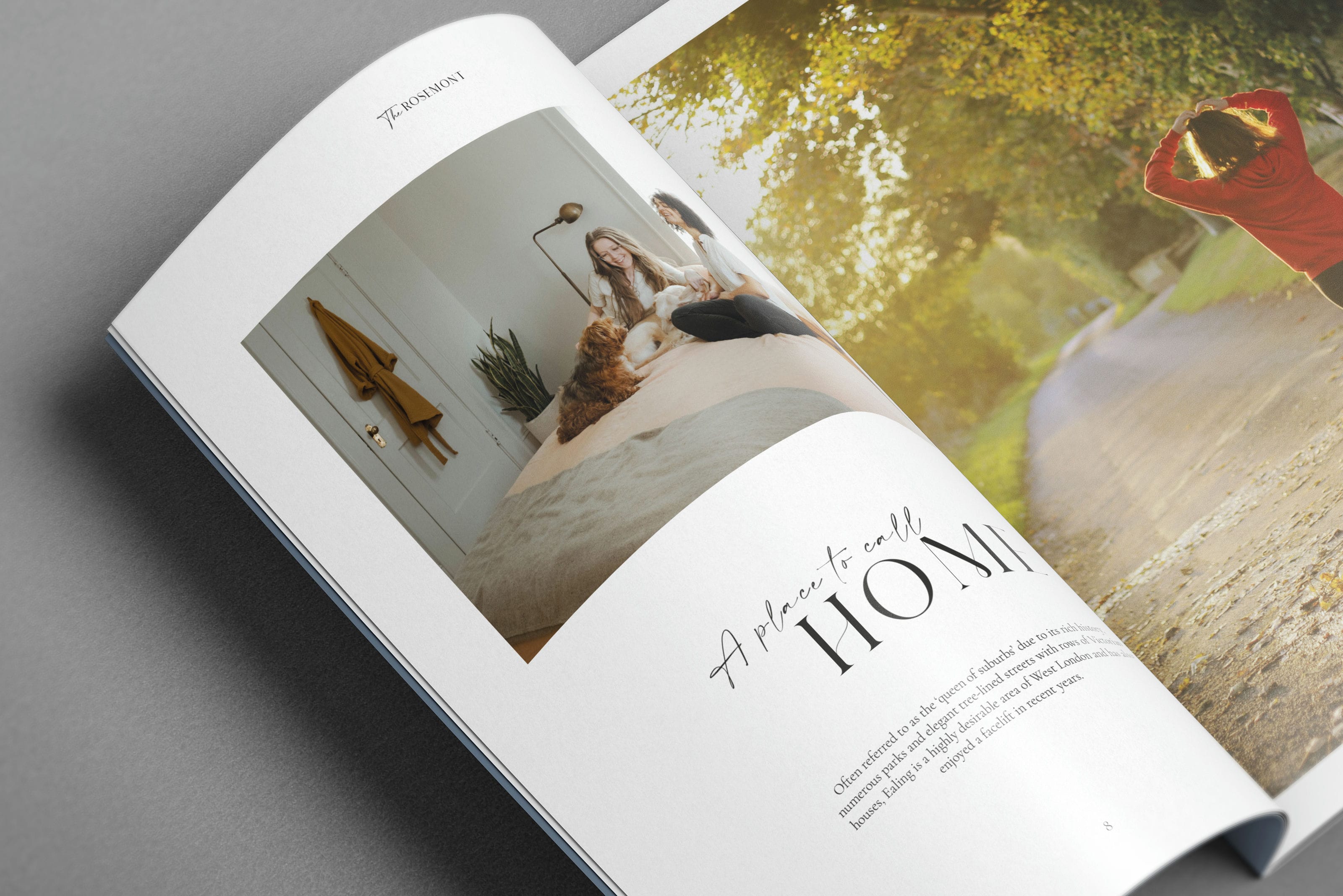 The Rosemont property brochure spread mockup showing lifestyle photography and typography &mdash; branding by Ademchic