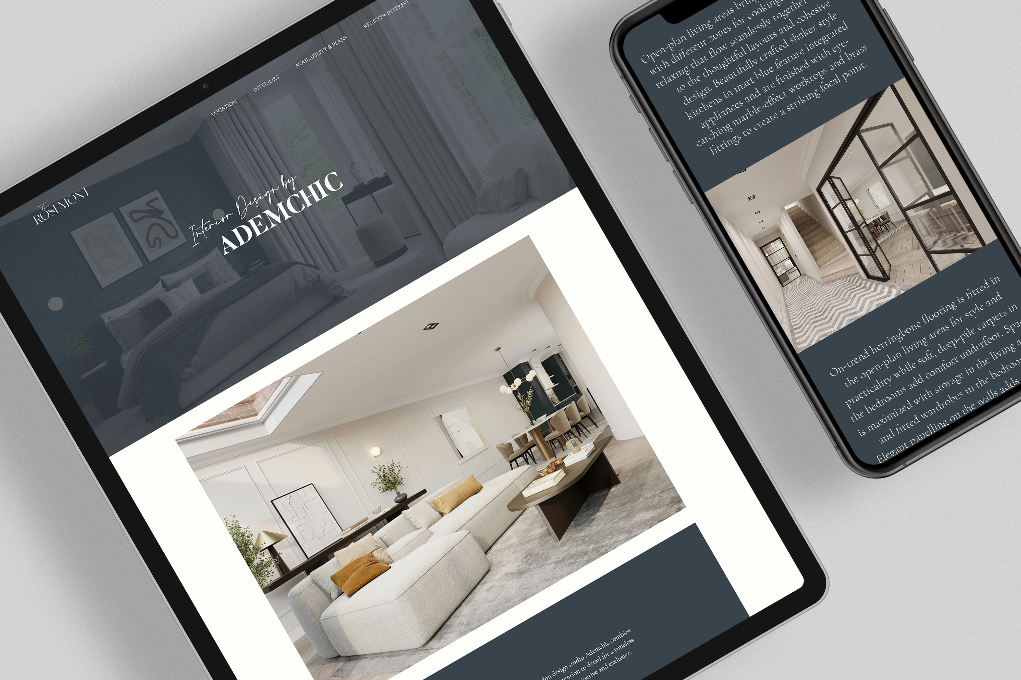 The Rosemont website design on tablet and mobile showing interior photography &mdash; digital marketing by Ademchic