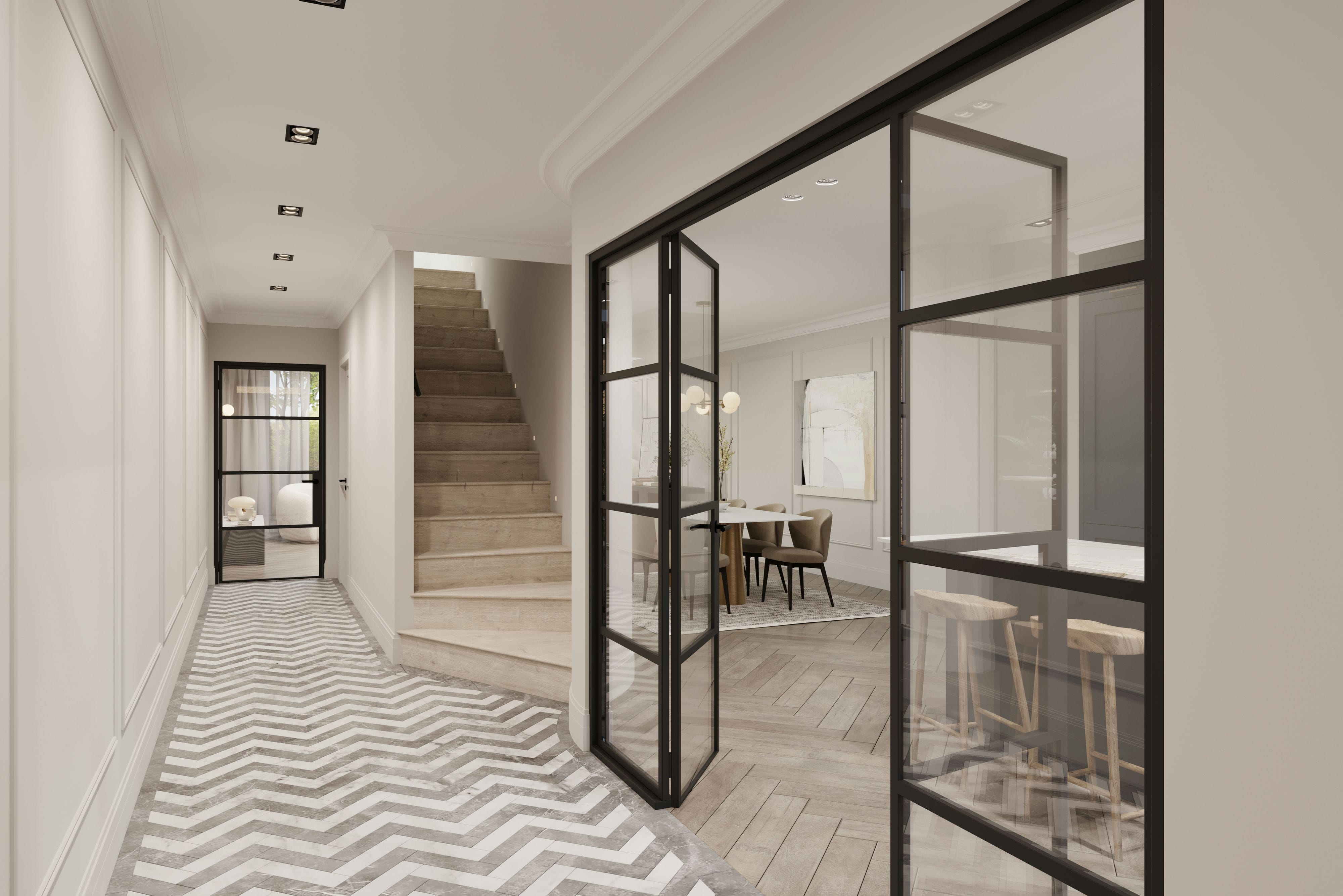 The Rosemont entrance CGI showing classical detailing, panelling and marble tiles &mdash; by Ademchic