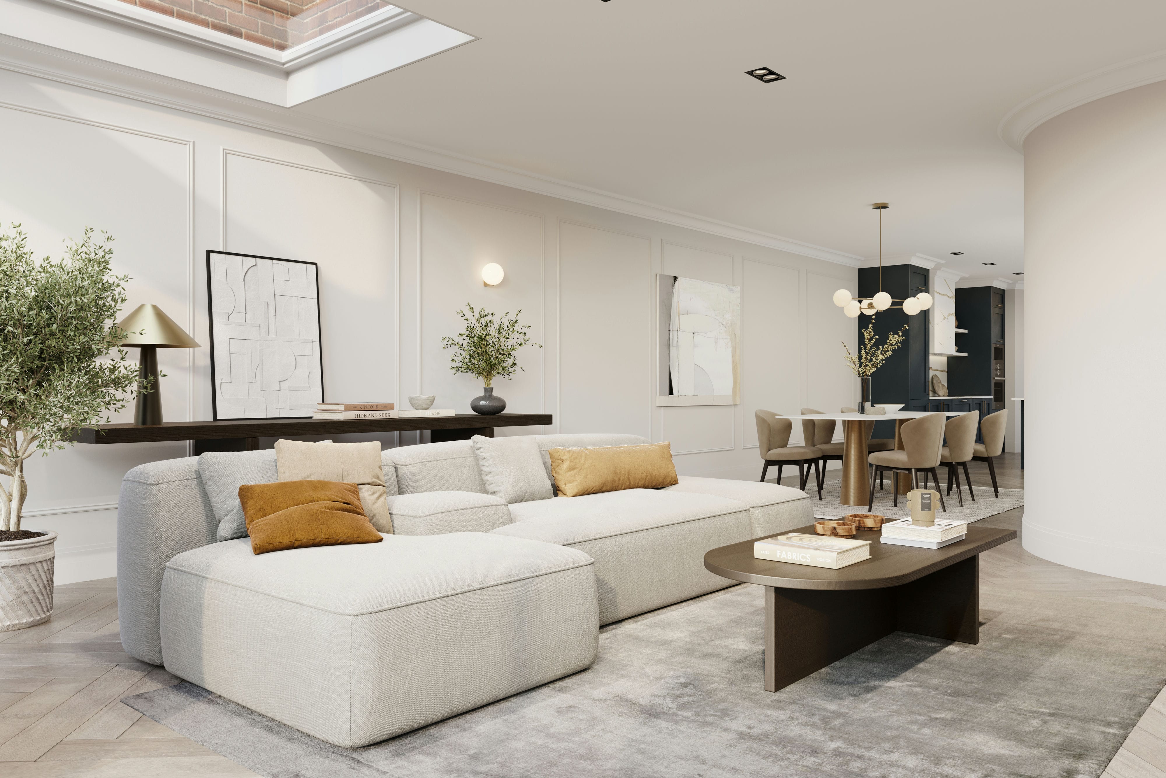 The Rosemont house interior CGI showing living and dining space with classical detailing &mdash; designed by Ademchic