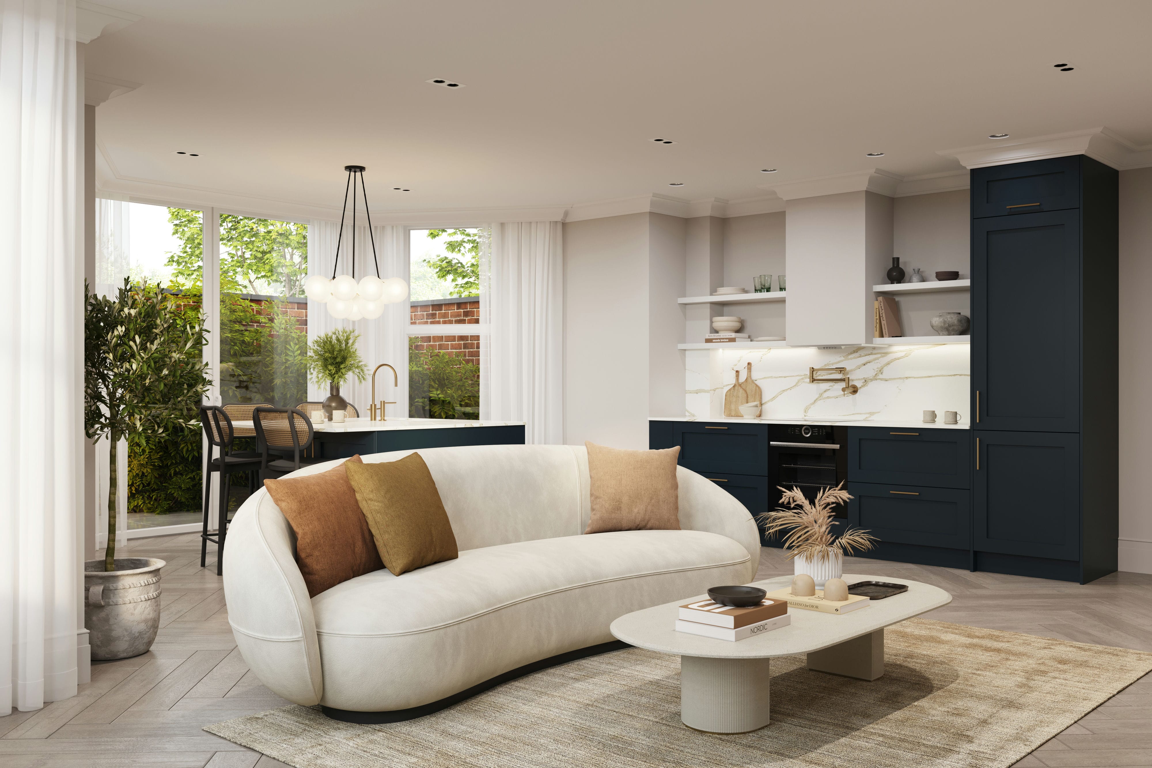 The Rosemont apartment CGI with curved sofa, blue kitchen and marble backsplash &mdash; interior design by Ademchic
