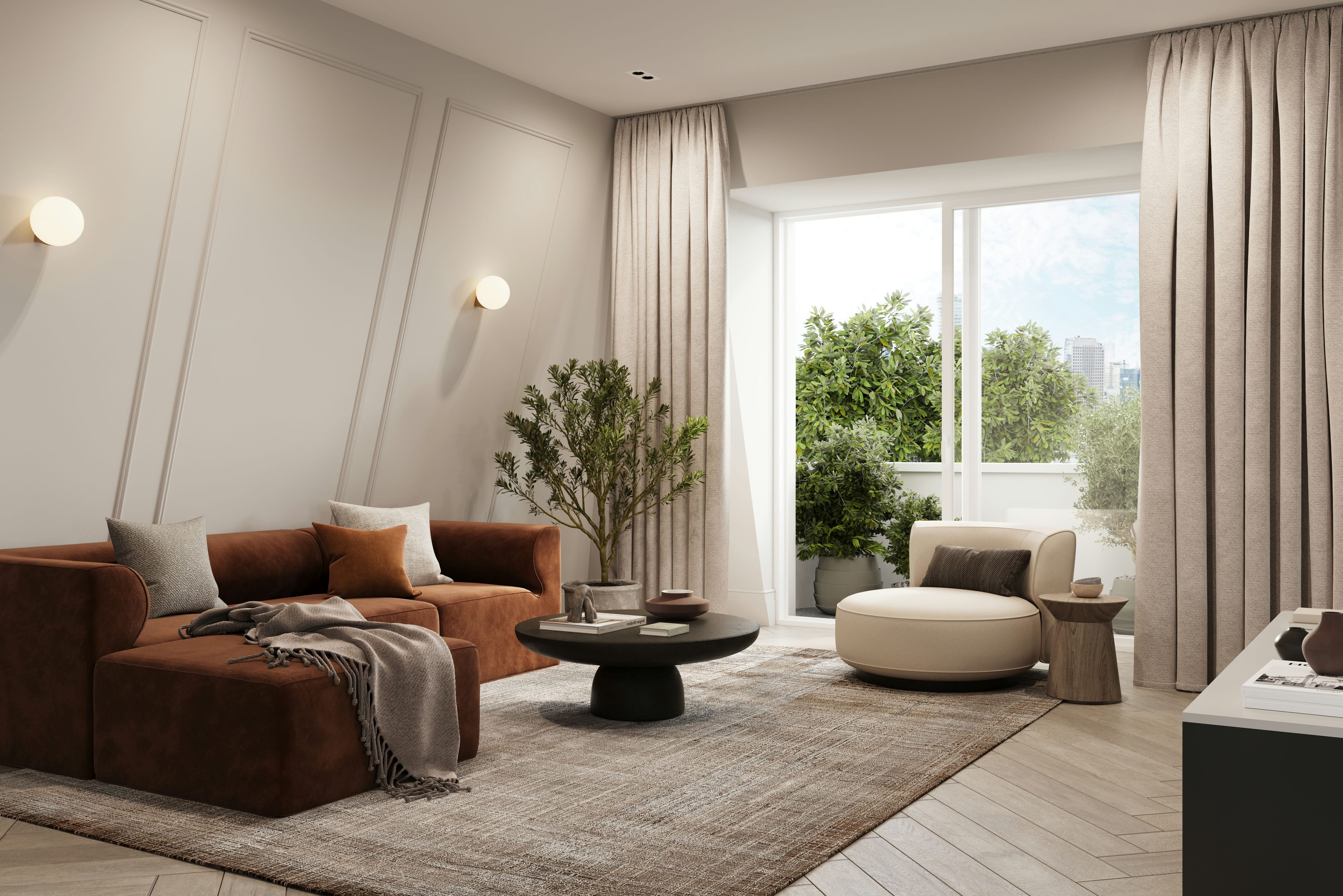 The Rosemont apartment CGI with terracotta sofa, panelled walls and balcony view &mdash; designed by Ademchic