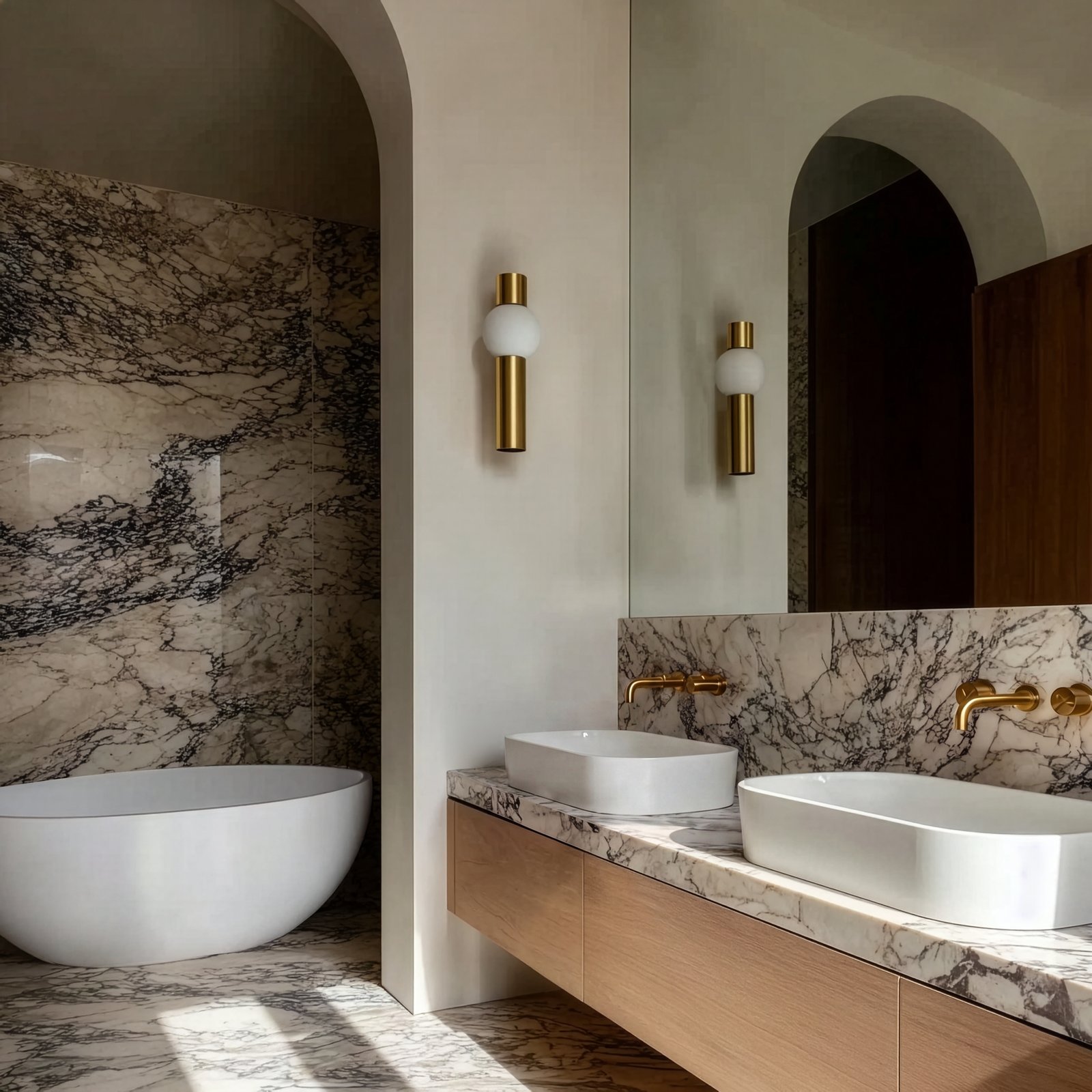 Finished marble bathroom with brass fixtures designed by Ademchic