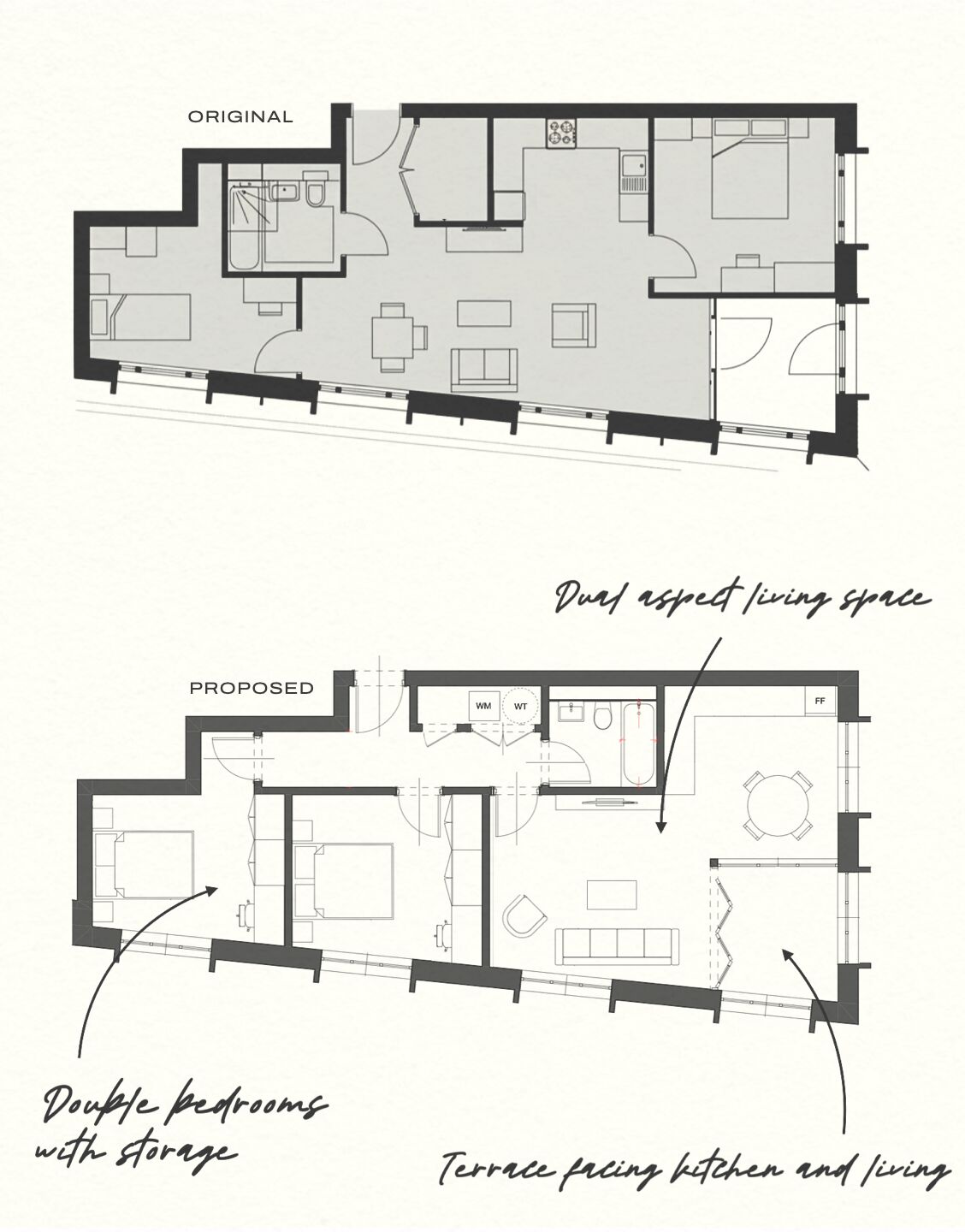 BTR dumbbell apartment layout: original vs proposed — two double bedrooms with storage, dual-aspect living space, terrace-facing kitchen