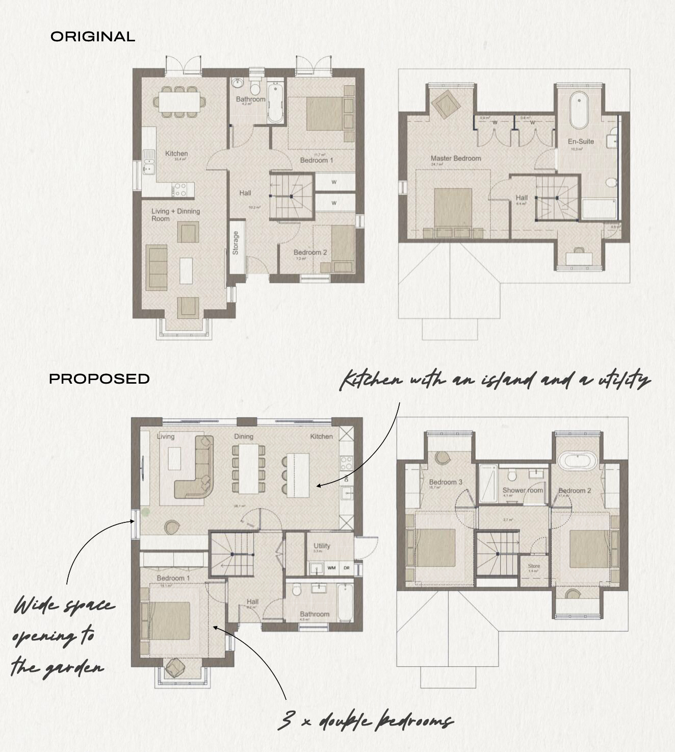 Three-bedroom house layout: original vs proposed — consolidated living space, kitchen with island and utility, three proper double bedrooms