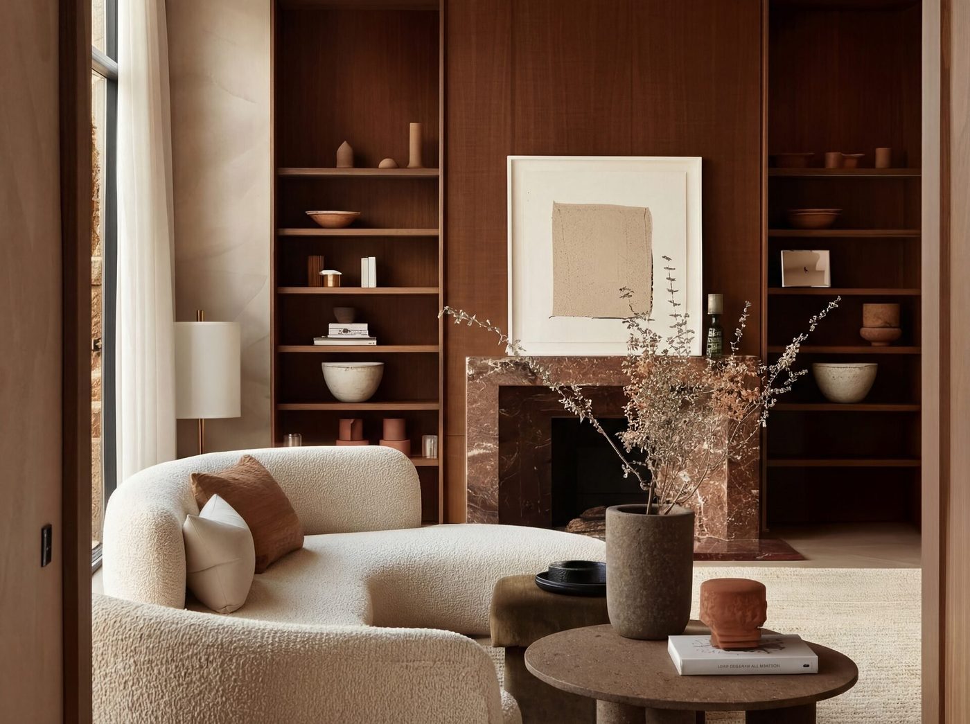 Design-led living space with warm material palette and considered specification