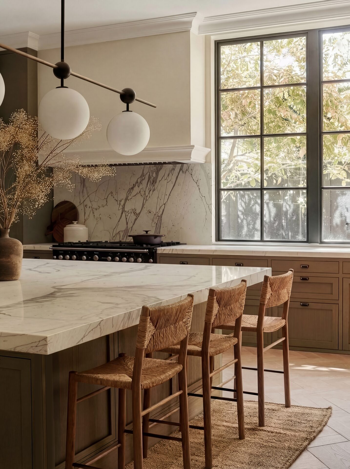 Kitchen with marble island, green cabinetry and crittal windows