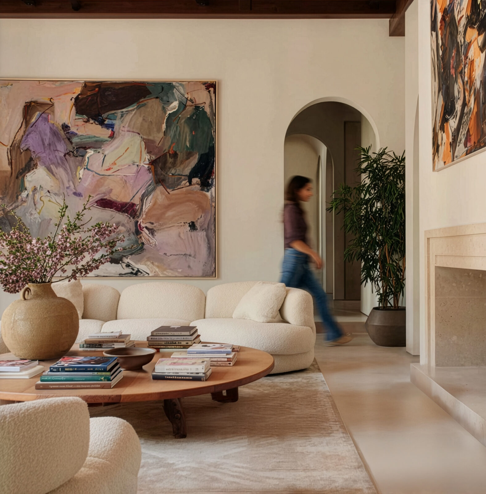 Design-led living space with arched doorway and considered material palette